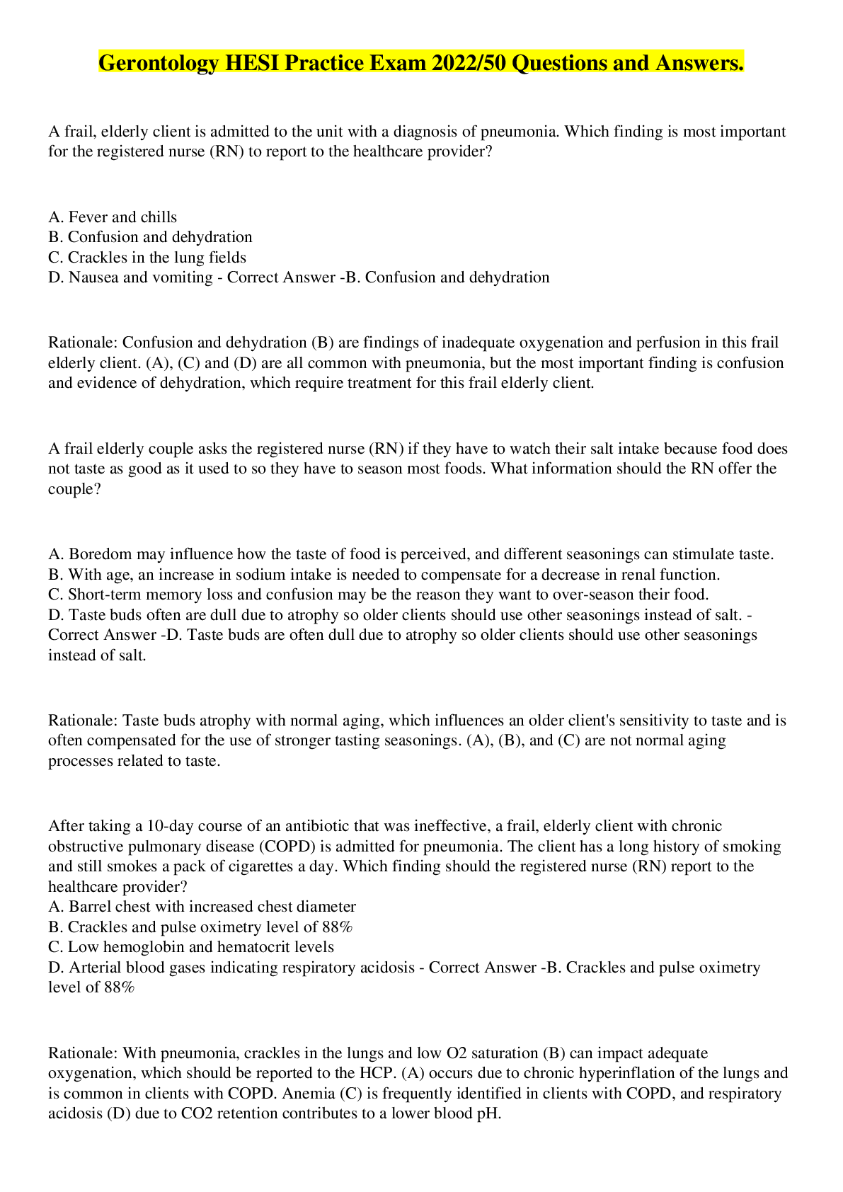 Preview image for Gerontology HESI Practice Exam 2022/50 Questions and Answers.